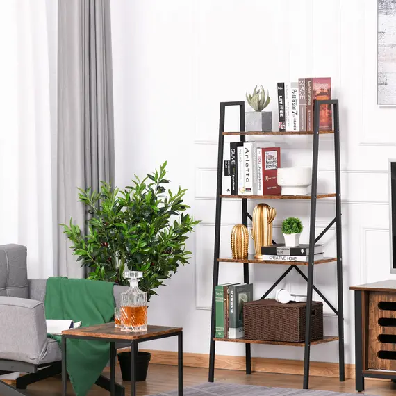 Buy Bookcase 4-Tier Vintage Ladder Shelf with Wood Storage Rack, Stand Plants Display, Black and Brown, 2 image
