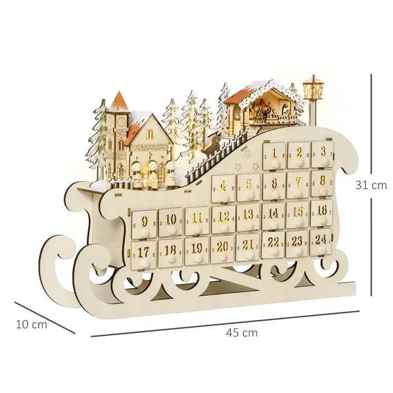 Buy Christmas Advent Calendar, 2021 Light Up Table Xmas Wooden Sleigh Holiday Decoration with Countdown Drawer, Village, for kids Adults, Natural Wood Color, 3 image
