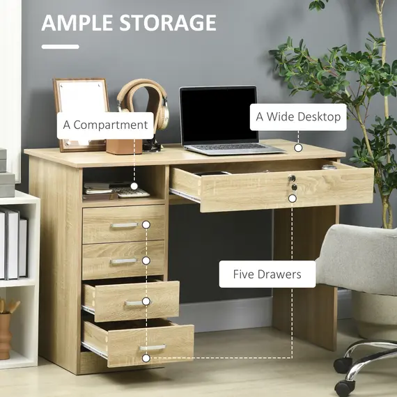 Buy Computer Desk, Home Office Desk with Lockable Drawer, Storage Shelf for Study Bedroom, 110 x 50 x 76 cm, Oak, 5 image