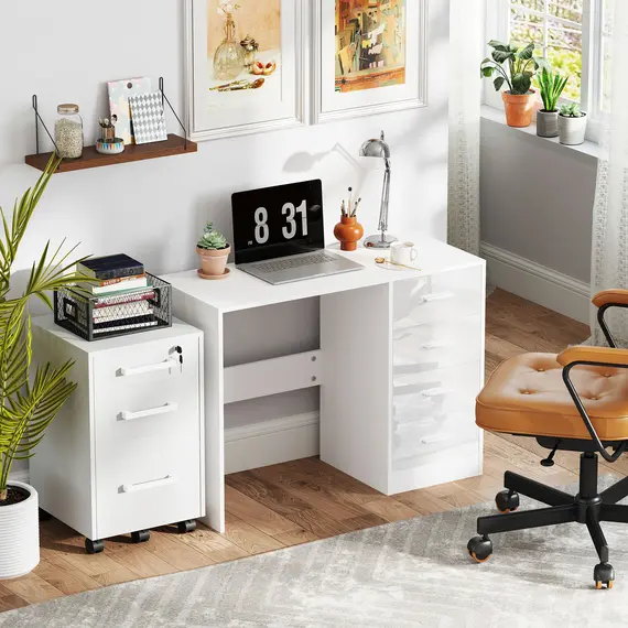 Buy Computer Desk with Drawers, Dressing Table, High Gloss Home Office Writing Workstation, White, 8 image