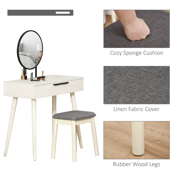 Buy Dressing Table with Mirror and Stool, Vanity Makeup Desk Set with 2 Drawers, Cushioned Stool and Make-up Organizer for Bedroom and Dressing Room, White, 5 image