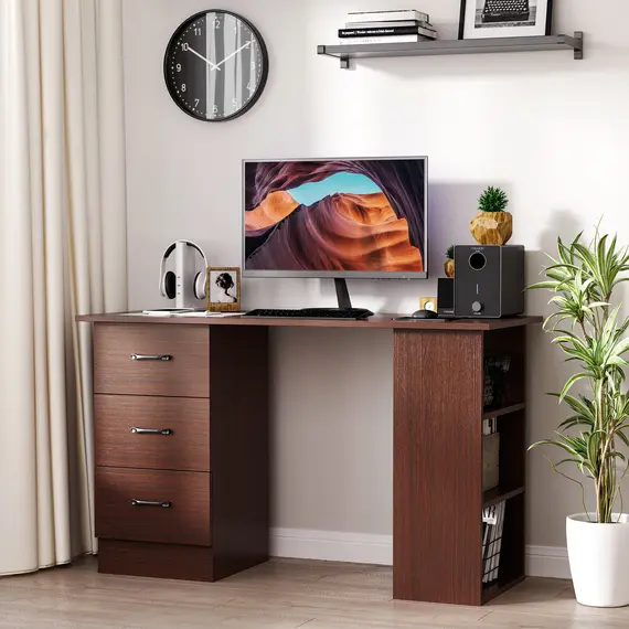 Buy Computer Desk, Writing Table, PC Workstation with 3 Storage Shelves and Drawers, Black Handle, for Home Office, Walnut Brown, Colour: Brown, 2 image