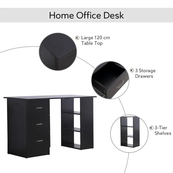 Buy Computer Desk, Writing Table, PC Workstation with 3 Storage Shelves and Drawers, Silver Handle, for Home Office, Black, Colour: Black, 4 image