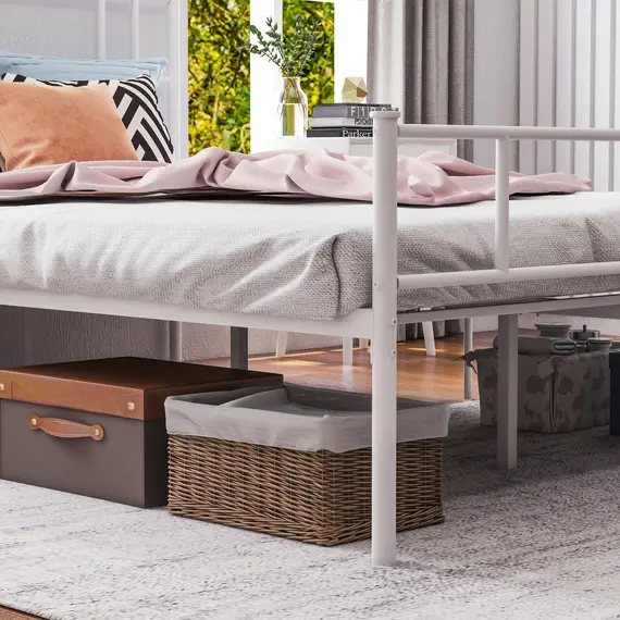 Buy Double Metal Bed Frame Solid Bedstead Base with Headboard and Footboard, Metal Slat Support and Underbed Storage Space, Bedroom Furniture, White, 8 image