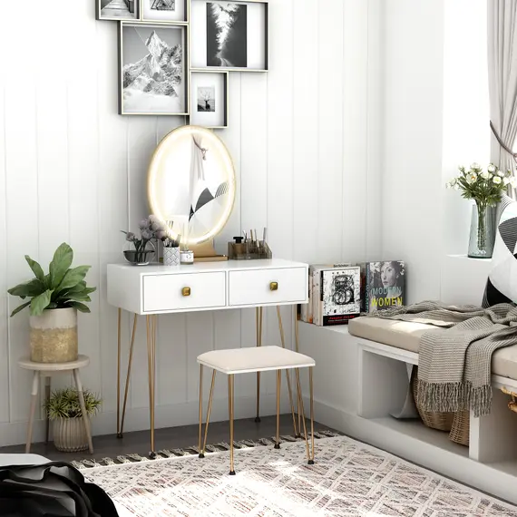 Buy Dressing Table Set with LED Light, Round Mirror, Vanity Makeup Table with 2 Drawers and Cushioned Stool for Bedroom, White, 4 image