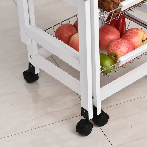 Buy Drop-Leaf Kitchen Cart Trolley w/ 3 Baskets Drawer Surface Top 6 Universal Wheels Rolling Storage Unit Kitchen Home Dining Island White Oak Tone, 9 image