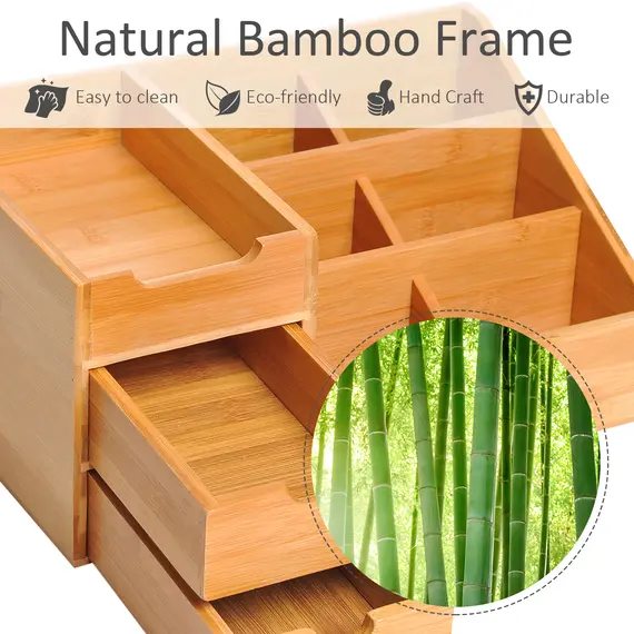 Buy Desk Organiser Holder, Bamboo Multi-Function Storage Caddy with 7 Storage Compartments and 2 Drawers for Home Office Stationary Supplies, Natural Bamboo, 5 image