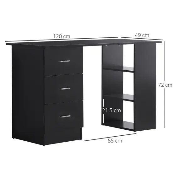 Buy Computer Desk, Writing Table, PC Workstation with 3 Storage Shelves and Drawers, Silver Handle, for Home Office, Black, Colour: Black, 3 image
