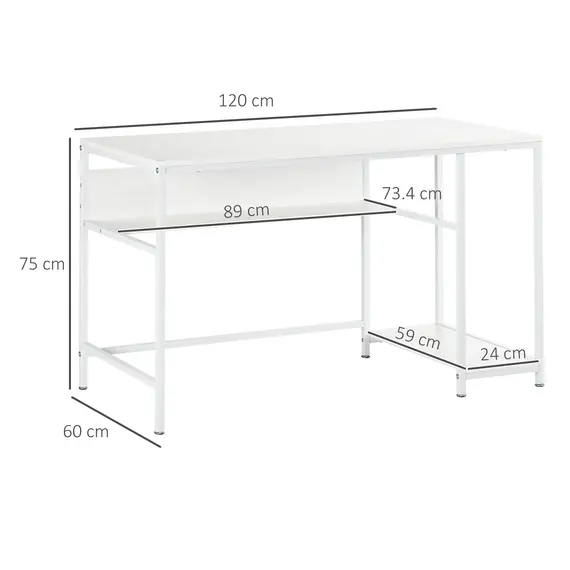 Buy Computer Desk with Storage, 120 x 60cm Home Office Desk with 2 Shelves and Steel Frame, Writing Table for Living Room, Study, White, 3 image