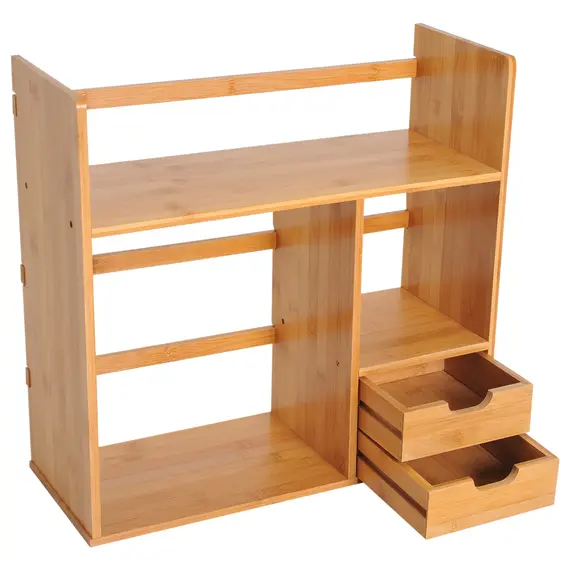 Buy Desk Organiser Compartments Desktop Bookshelf Stationery Storage Shelf Document File Holder with 2 Drawers 2-way Reversed Use Bamboo, 6 image