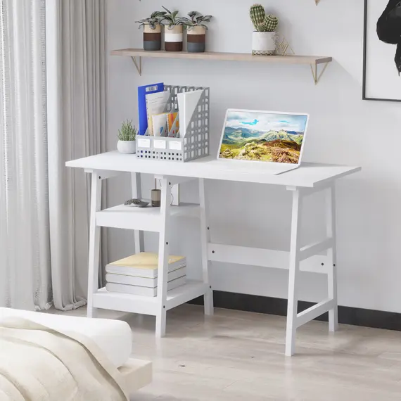 Buy Compact Computer Desk with Storage Shelves, Study Table with Bookshelf, PC Table Workstation for Home Office, Study, Easy Assembly, 120 x 51cm, White, 2 image