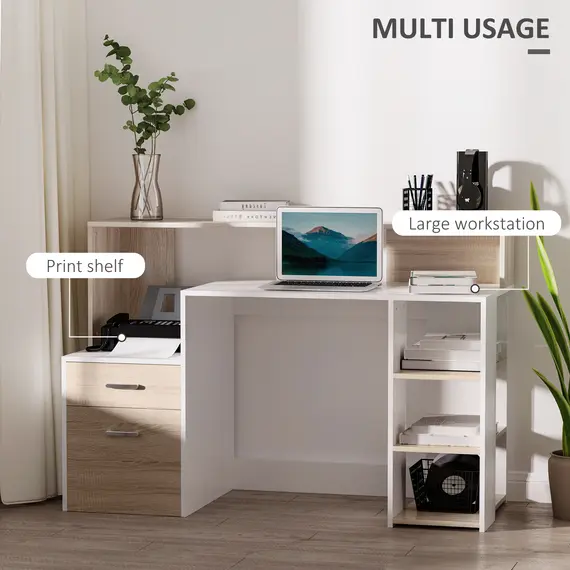 Buy Computer Desk with Drawers and Storage Shelves, Reception Desk, Study Workstation for Home Office, 137 x 55 x 92cm, Oak and White, 4 image