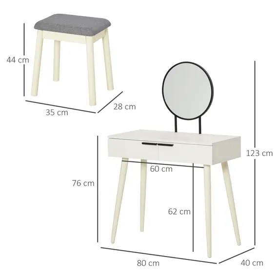 Buy Dressing Table with Mirror and Stool, Vanity Makeup Desk Set with 2 Drawers, Cushioned Stool and Make-up Organizer for Bedroom and Dressing Room, White, 3 image