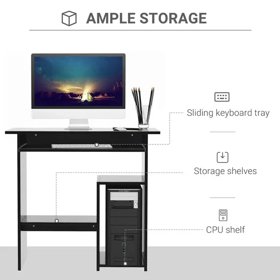 Buy Compact Small Computer Table Wooden Desk Keyboard Tray Storage Shelf Modern Corner Table Home Office Black, 4 image