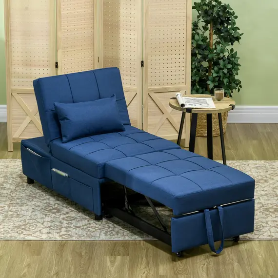 Buy Convertible Chair Bed with Padding Seat, 4-in-1 Multi-Functional Sleeper Sofa Bed, Recliner with Adjustable Backrest, Side Pocket, Wheels and Pillow, for Living Room, Blue, 7 image