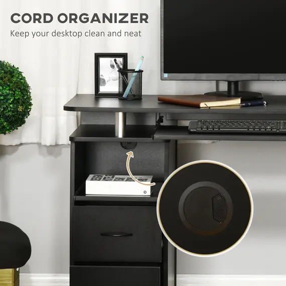 Buy Computer Desk Office PC Table Workstation with Keyboard Tray, CPU Shelf, Drawers, Sliding Scanner Shelf, Black, 5 image