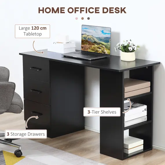 Buy Computer Desk, Writing Table, PC Workstation with 3 Storage Shelves and Drawers, Black Handle, for Home Office, Black, 4 image