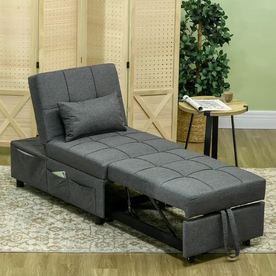 Buy Convertible Chair Bed with Padding Seat, 4-in-1 Multi-Functional Sleeper Sofa Bed, Recliner with Adjustable Backrest, Side Pocket, Wheels and Pillow, for Living Room, Grey, 2 image