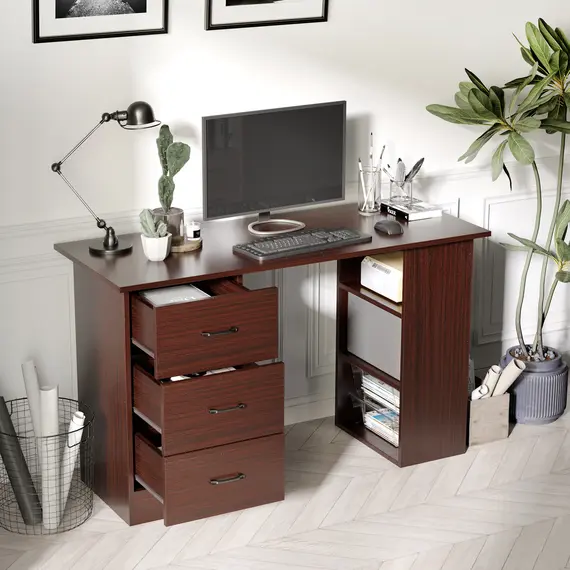 Buy Computer Desk, Writing Table, PC Workstation with 3 Storage Shelves and Drawers, Black Handle, for Home Office, Walnut Brown, Colour: Brown, 7 image