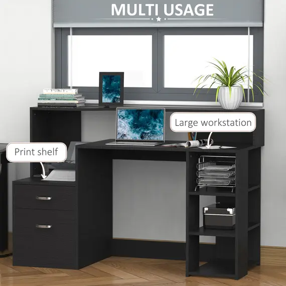 Buy Computer Desk with Drawers and Storage Shelves, Reception Desk, Study Workstation for Home Office, 137 x 55 x 92cm, Black, 4 image