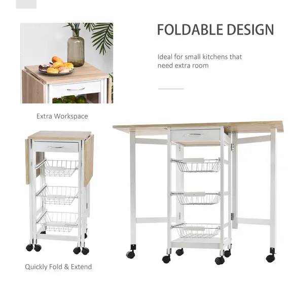 Buy Drop-Leaf Kitchen Cart Trolley w/ 3 Baskets Drawer Surface Top 6 Universal Wheels Rolling Storage Unit Kitchen Home Dining Island White Oak Tone, 4 image