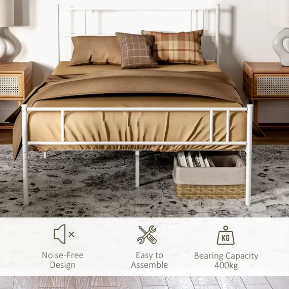 Buy Double Metal Bed Frame Solid Bedstead Base with Headboard and Footboard, Metal Slat Support and Underbed Storage Space, Bedroom Furniture, White, 5 image