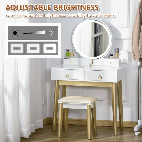 Buy Dressing Table Set with Mirror, Built-in 3 Color LED Light, Vanity Makeup Table with 4 Drawers and Cushioned Stool for Bedroom, White, 5 image