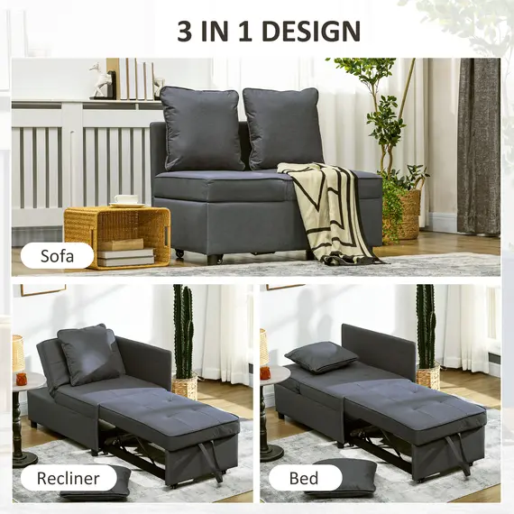 Buy Convertible Single Sofa Bed with Thick Padded Seat, 3-in-1 Multi-Functional Sleeper Chair Bed with Magazine Pocket, for Living Room, Grey, 4 image