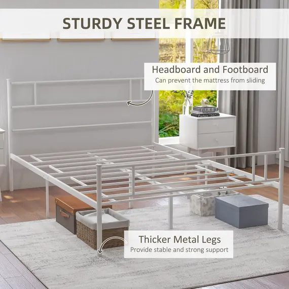 Buy Double Metal Bed Frame Solid Bedstead Base with Headboard and Footboard, Metal Slat Support and Underbed Storage Space, Bedroom Furniture, White, 6 image