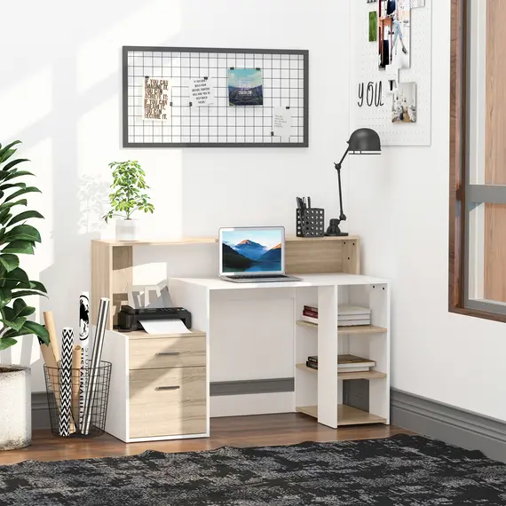 Buy Computer Desk with Drawers and Storage Shelves, Reception Desk, Study Workstation for Home Office, 137 x 55 x 92cm, Oak and White, 2 image