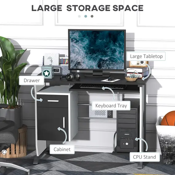 Buy Computer Desk with Sliding Keyboard Tray, Storage Drawers and Host Box Shelf, Home Office Desk, Study Workstation, 100 x 52 x 75cm, Black, 4 image