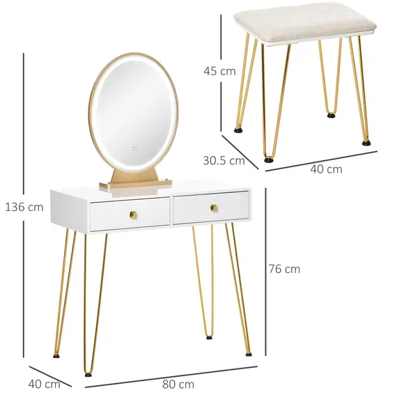 Buy Dressing Table Set with LED Light, Round Mirror, Vanity Makeup Table with 2 Drawers and Cushioned Stool for Bedroom, White, 3 image