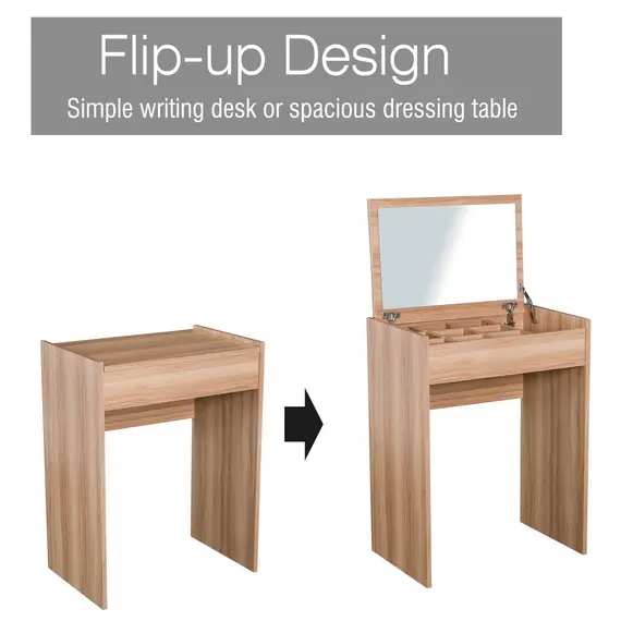 Buy Dressing Table with Mirror and Stool, Vanity Makeup Table with Flip Up Mirror, Vanity Desk with Storage Unit and Padded Seat, Wood, 4 image