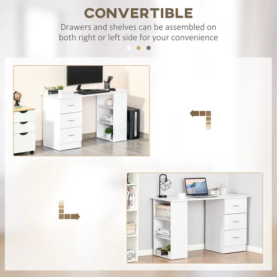 Buy Computer Desk, Writing Table, PC Workstation with 3 Storage Shelves and Drawers, Silver Handle, for Home Office, White, Colour: White, 6 image