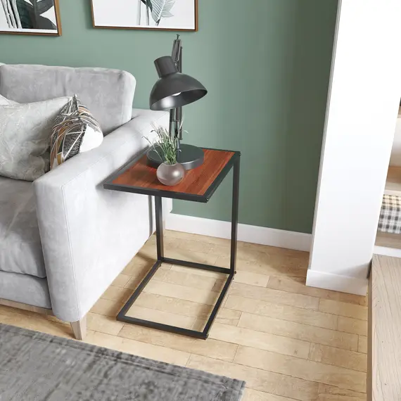 Buy C-Shaped Side Table, Sofa End Table with Metal Frame, Accent Couch Table for Living room, Bedroom, Set of 2, Walnut and Black, 7 image