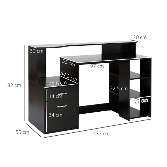 Buy Computer Desk with Drawers and Storage Shelves, Reception Desk, Study Workstation for Home Office, 137 x 55 x 92cm, Black, 3 image