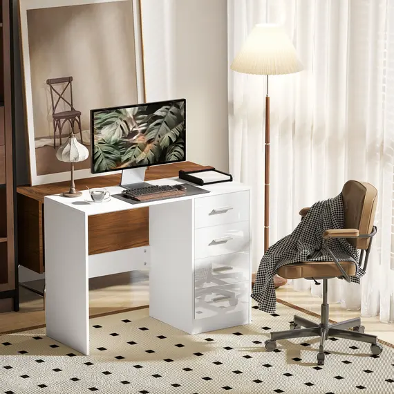 Buy Computer Desk with Drawers, Dressing Table, High Gloss Home Office Writing Workstation, White, 2 image
