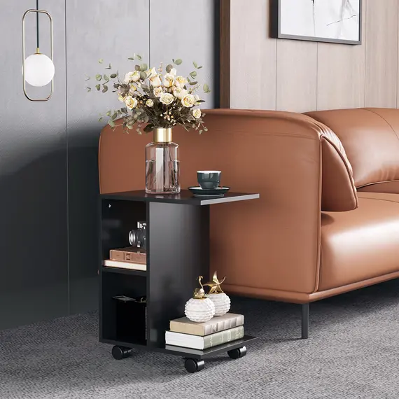 Buy C-Shape End Table Unique Storage Unit w/ 2 Shelves 4 Wheels Freestanding Home Furniture Cabinet Square Black, 7 image