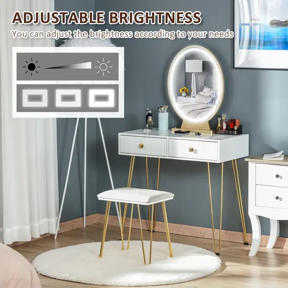 Buy Dressing Table Set with LED Light, Round Mirror, Vanity Makeup Table with 2 Drawers and Cushioned Stool for Bedroom, White, 5 image