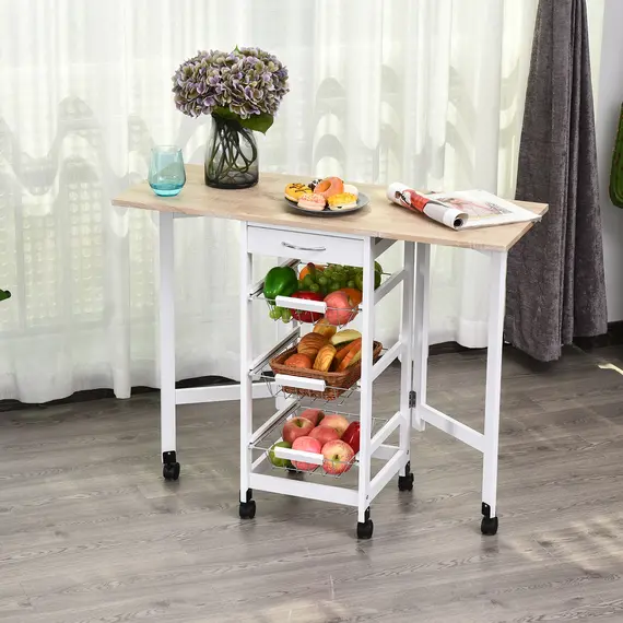 Buy Drop-Leaf Kitchen Cart Trolley w/ 3 Baskets Drawer Surface Top 6 Universal Wheels Rolling Storage Unit Kitchen Home Dining Island White Oak Tone, 2 image