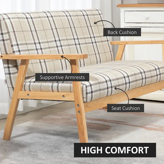 Buy Compact Loveseat Couch Double Seat Sofa with Lattice Pattern and Rubber Wood Frame Beige and Coffee, 5 image
