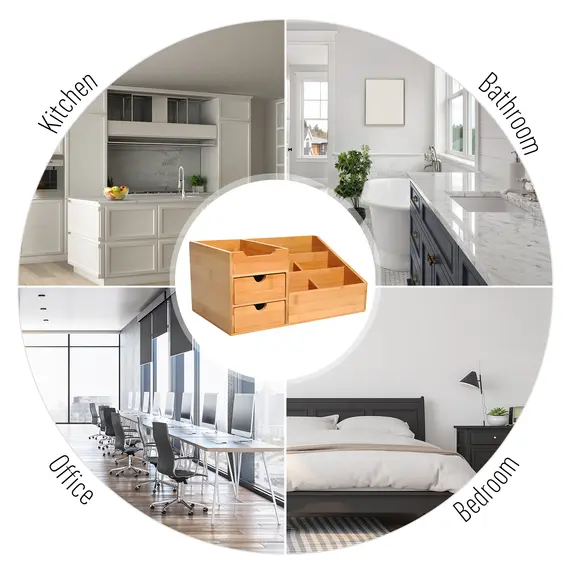 Buy Desk Organiser Holder, Bamboo Multi-Function Storage Caddy with 7 Storage Compartments and 2 Drawers for Home Office Stationary Supplies, Natural Bamboo, 7 image