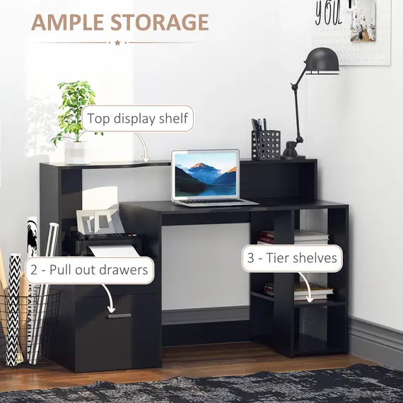 Buy Computer Desk with Drawers and Storage Shelves, Reception Desk, Study Workstation for Home Office, 137 x 55 x 92cm, Black, 5 image