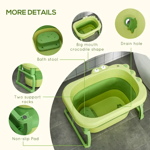 Buy Foldable Baby Bathtub, with Stool - Green, 7 image