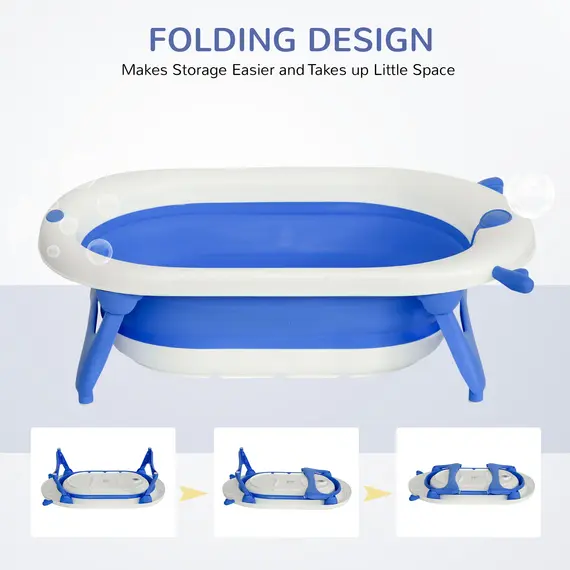 Buy Foldable Baby Bathtub Set, Collapsible Bath Tub with Thermostatic Water Plug, Non-Slip Support, Cushion Pad, Drain Plugs, for Newborn to 3 Years - Blue, 5 image