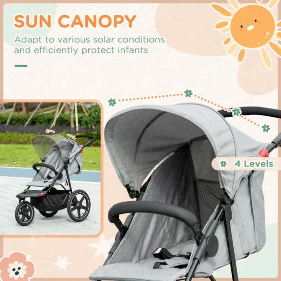 Buy Foldable Three-Wheeler Baby Stroller w/ Canopy, Storage Basket - Grey, 9 image
