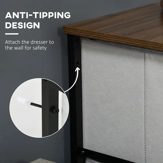 Buy Fabric Chest of Drawers, Storage Drawers, Industrial Bedroom Dresser with 5 Fabric Drawers, Steel Frame and Wooden Top for Nursery, Living Room, Hallway, Grey, 5 image