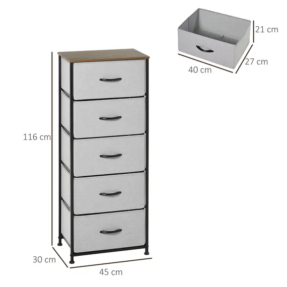 Buy Fabric Chest of Drawers, Storage Drawers, Industrial Bedroom Dresser with 5 Fabric Drawers, Steel Frame and Wooden Top for Nursery, Living Room, Hallway, Grey, 3 image