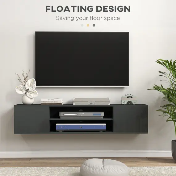 Buy Floating TV Stand Cabinet for TVs up to 60", Wall Mounted TV Unit with Open Shelf, Storage Cupboards and Cable Management for Living Room, Grey, 4 image