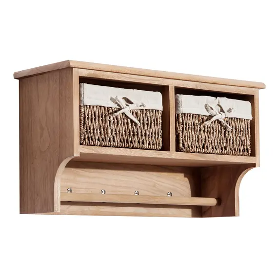 Buy Entryway Coat Rack Wall Mounted Shelf w/ 2 Corn Husk Baskets and Hooks, Brown, 4 image